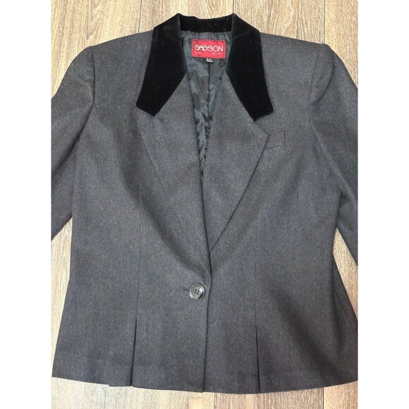 VINTAGE SASSON ONE BUTTON BLAZER WOMENS 8/9 GREY WOOL WITH VELVET COLLAR POCKET - Picture 3 of 8